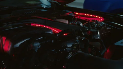 Car Engine with Red LED Illumination Stock Footage 288780970