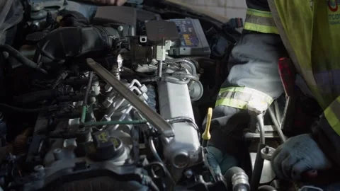 Car Engine Repair in Workshop – Mechanic Working with Tools Stock Footage 306502150