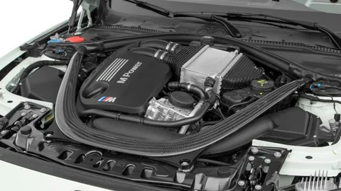 Car engine in studio close up Alpine White 2018 BMW 4-series M4 Stock Footage 159951791