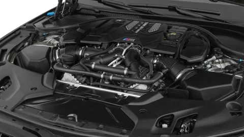 Car engine in studio close up Donington Grey Metallic 2019 BMW M5 Competition Vídeos de archivo 160072853
