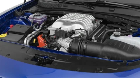 Car engine in studio close up Indigo Blue 2019 Dodge Charger SRT Hellcat Stock Footage 160071853