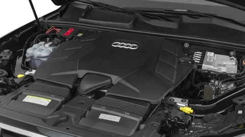 Car engine in studio close up Orca Black Metallic 2020 Audi Q7 Premium 55 TFSI Stock Footage 160112094