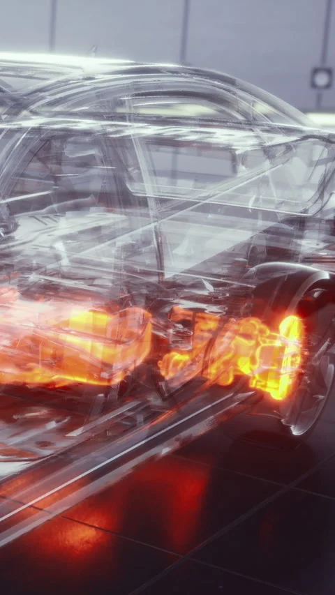 Car engine system shown with glowing parts in a workshop setting Stock Footage 336170176