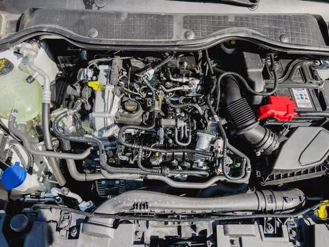 Car engine under an open hood. Close-up 스톡 사진