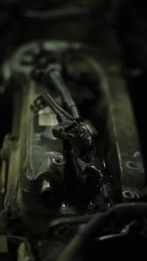 Car engine valve cover with ignition wiring harness and connectors. Stock Footage 338364944