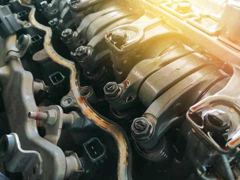 Car engine valve in the engine is open for adjustment Stock Photos