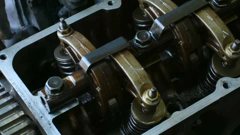 Car engine valves and rocker arms mechanism close up Stock Footage 310521627