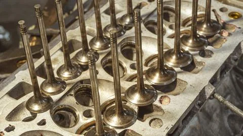 Car engine valves close up.Part of car's motor.Machinery detail of modern g.. Foto stock