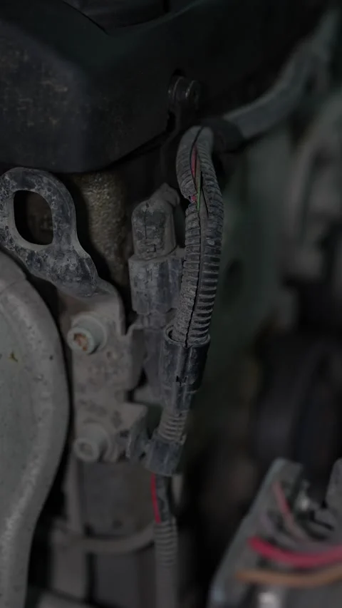 Car engine wire loom in corrugated conduit with plastic connector. Stock Footage 344595812