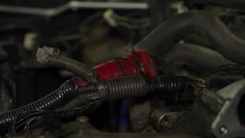 A car engine wiring harness with plastic corrugated loom tubing and red insul Stock Footage 345108718