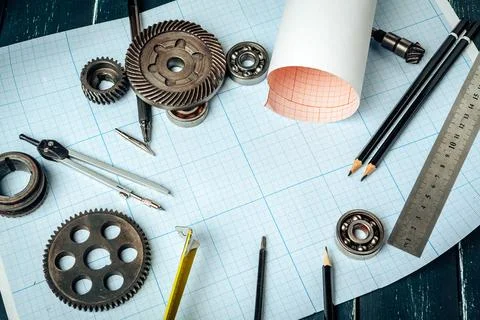 Car engineering tools top view on graph paper Fotos de archivo