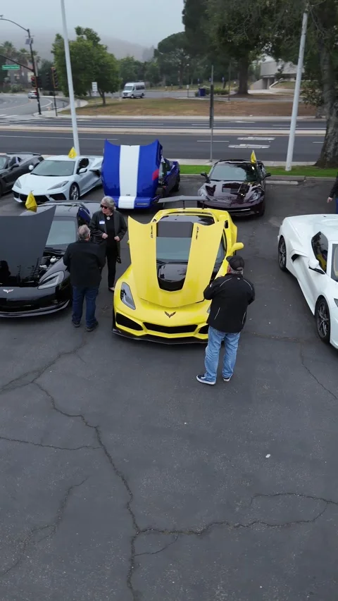 Car enthusiasts gathered around Corvette with hood up at evening meetup Stock Footage 346732987