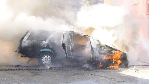 Car explosion. car on fire. burning car crash accident. firefighter fireman. Stock Footage 86575443