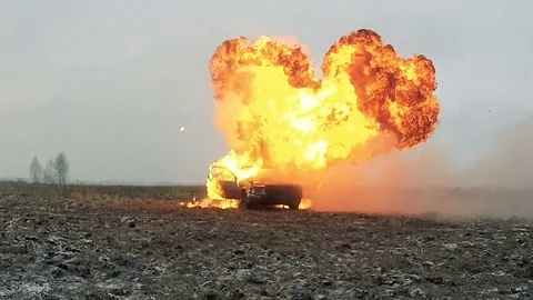 Car Explosion In The Field, Slow-Mo Video stock 81443620