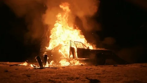 Car Explosion On Night. Side View Stock Footage