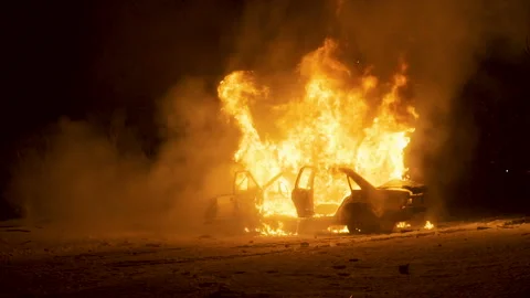 Car Explosion On Night. Slow-Mo. Video stock 89408091