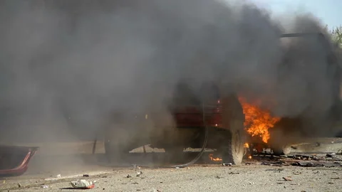 Car Explosion On The Road During The Daytime. Back View. Video stock 98698679