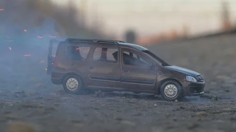 Car explosion, slow-mo. smoke, toy car Stock Footage 82798080