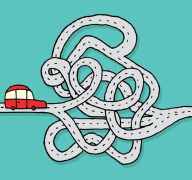 Car facing a chaotic highway / problem Stock Illustration