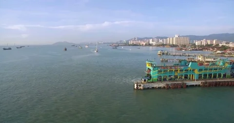 Car Ferry Docked at Weld Quay, George Town, Penang, Malaysia, Aerial Slider Video stock 78716982