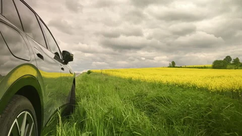 Car in the field at dawn Stock Footage 201028624