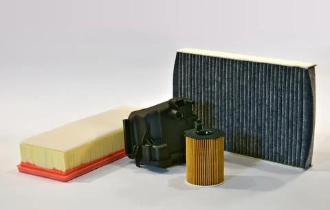 Car filter set - oil filter, air filter, pollen filter Stock Photos