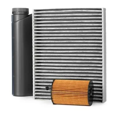 Car filters and motor oil can isolated on white Stock Photos