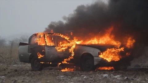 Car On Fire, Burning Car In The Field Stock Footage 101530948