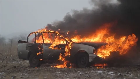 Car On Fire, Burning Car In The Field Stock Footage 101531001