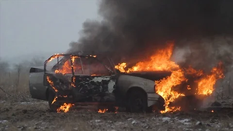 Car On Fire, Burning Car In The Field Stock Footage 101531316