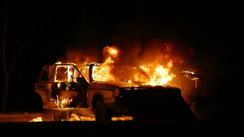 Car On Fire, Burning Car Front View, Car Explosion Video stock 93098136
