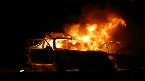 Car On Fire, Burning Car Front View, Car Explosion Stock Footage 93099358