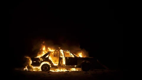 Car On Fire, Burning Car At Night, Side View Stock Footage 93101135