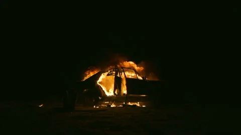 Car on fire, Burning Car, Side View Stock Footage 93096137