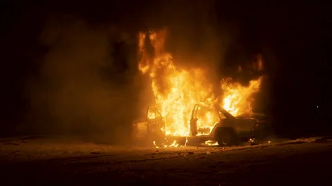 Car on fire, Burning Car Side View, Car Explosion Stock Footage 93105146