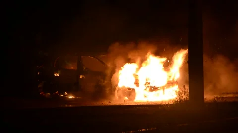 Car on Fire. Firemans. Side View. Stock Footage 51016535