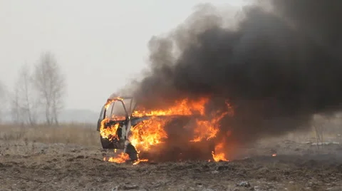 Car On Fire. Front View. Slow-Mo Stock Footage 47360674