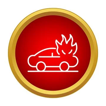 Car on fire line icon within a red and gold circle Stock Illustration