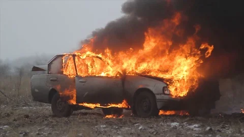 Car On Fire Slow Motion, Burning Car In The Field Stock Footage 101530498