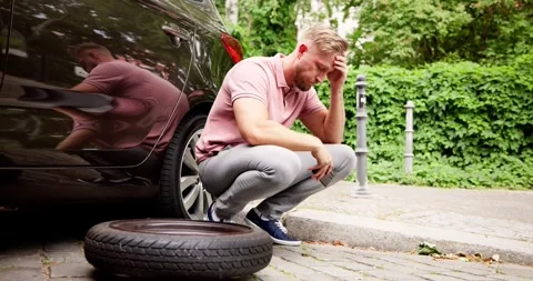Car With Flat Tire. Man Calling Stock Footage 248714114