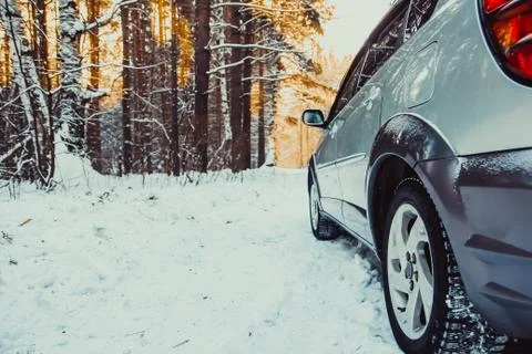 The car in the forest in winter Stock Photos