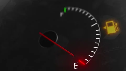 Car fuel gauge warning background needle, empty marker, glowing petrol icon, dar Stock Footage 340571710