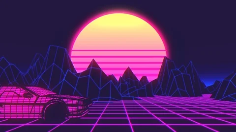 Car future synthwave style back to the 1980. Seamless loop 3D video animation Stock Footage 114292441