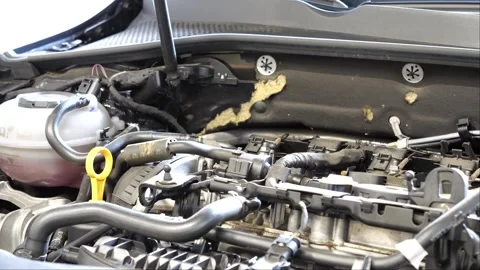Car in the garage showing its engine and components while the camera is panning 스톡 동영상 268355514