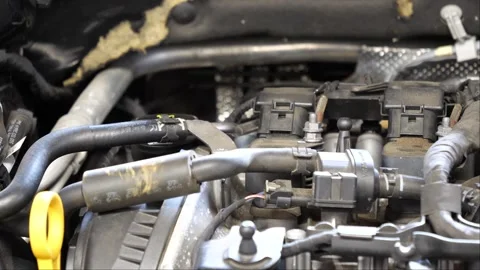 Car in the garage showing its engine and components while the camera is panning 스톡 동영상 268356030