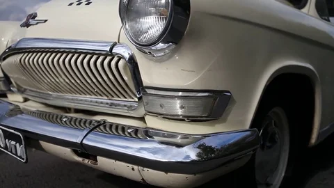 Car GAZ 21 VOLGA taxi moves off. The front of the grille - close-up. Stock Footage