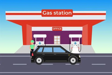 Car getting fuel or gas from a gas station vector. Gas station workers fill a Stock Illustration