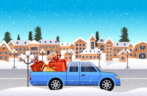 Car with gift present boxes driving road over winter city street merry christ Ilustração Stock