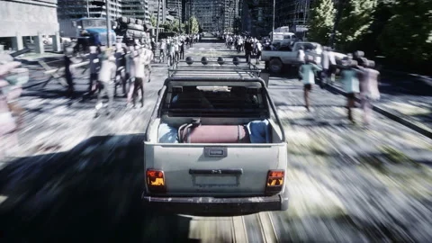 The car goes away from the chase crowd zombies. Destroyed city. Fast driving Stock Footage 96797587