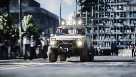 The car goes away from the chase crowd zombies. Destroyed city. Fast driving Stock Footage 96799415